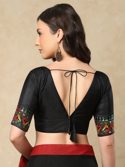 Black Silk V Neck Readymade Blouse With Katha Work