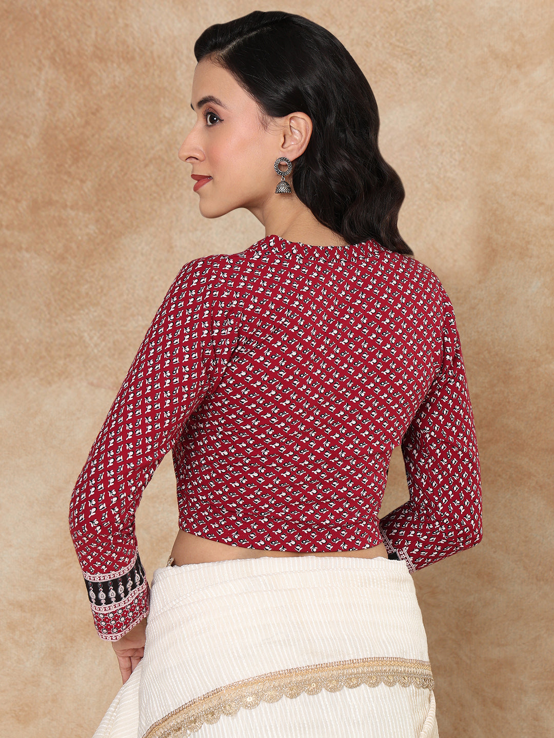 Maroon Cotton Kalamkari Stretchable Readymade Non Padded Blouse
