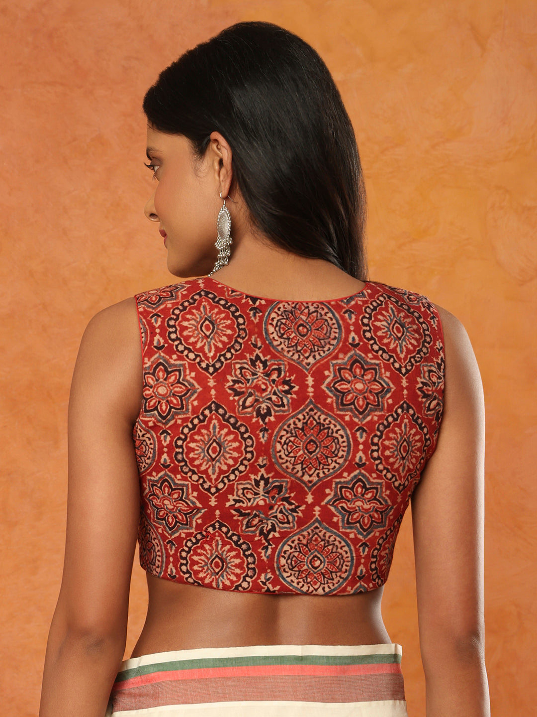 Red Pure Cotton Hand Block Printed Ajrak Sleeveless Readymade Blouse