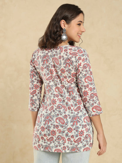 White Cotton Printed Short Kurti
