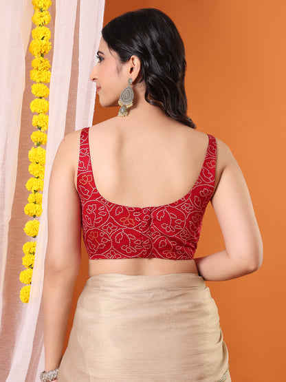 Maroon Silk Bandhani Printed Sleeveless Padded Saree Blouse