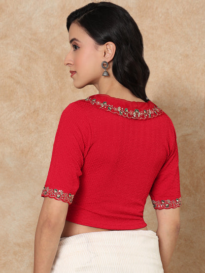 Red Embroidered Non Padded Stretchable Saree Blouse