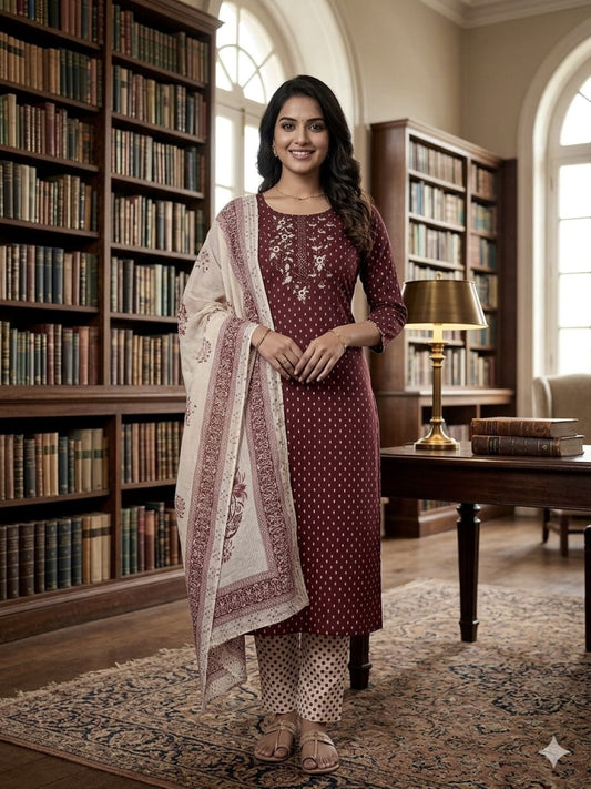 Maroon Cotton Embroidered Unstitched Dress Material