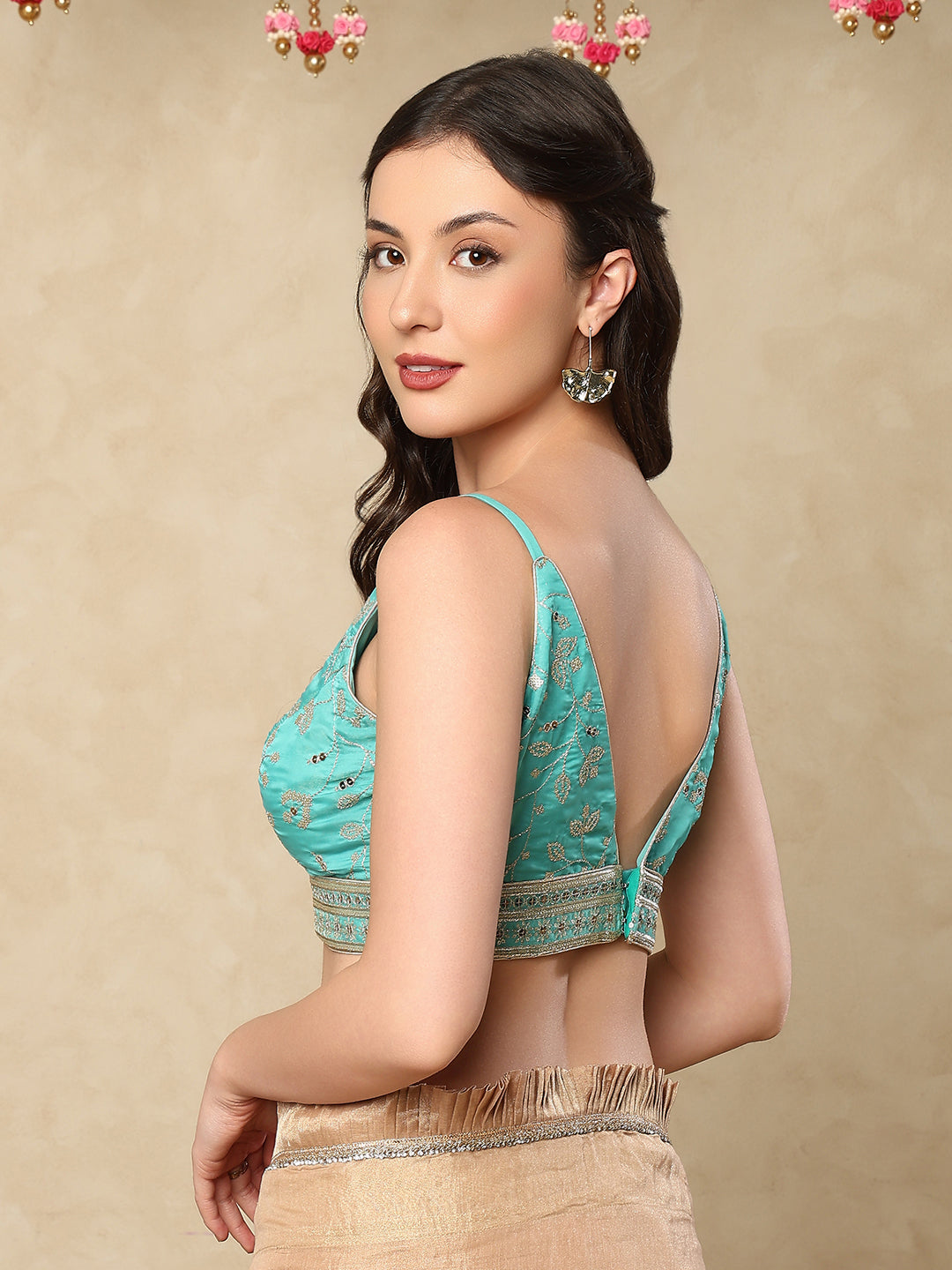 Blue Silk Embroidered Sleeveless Readymade Blouse