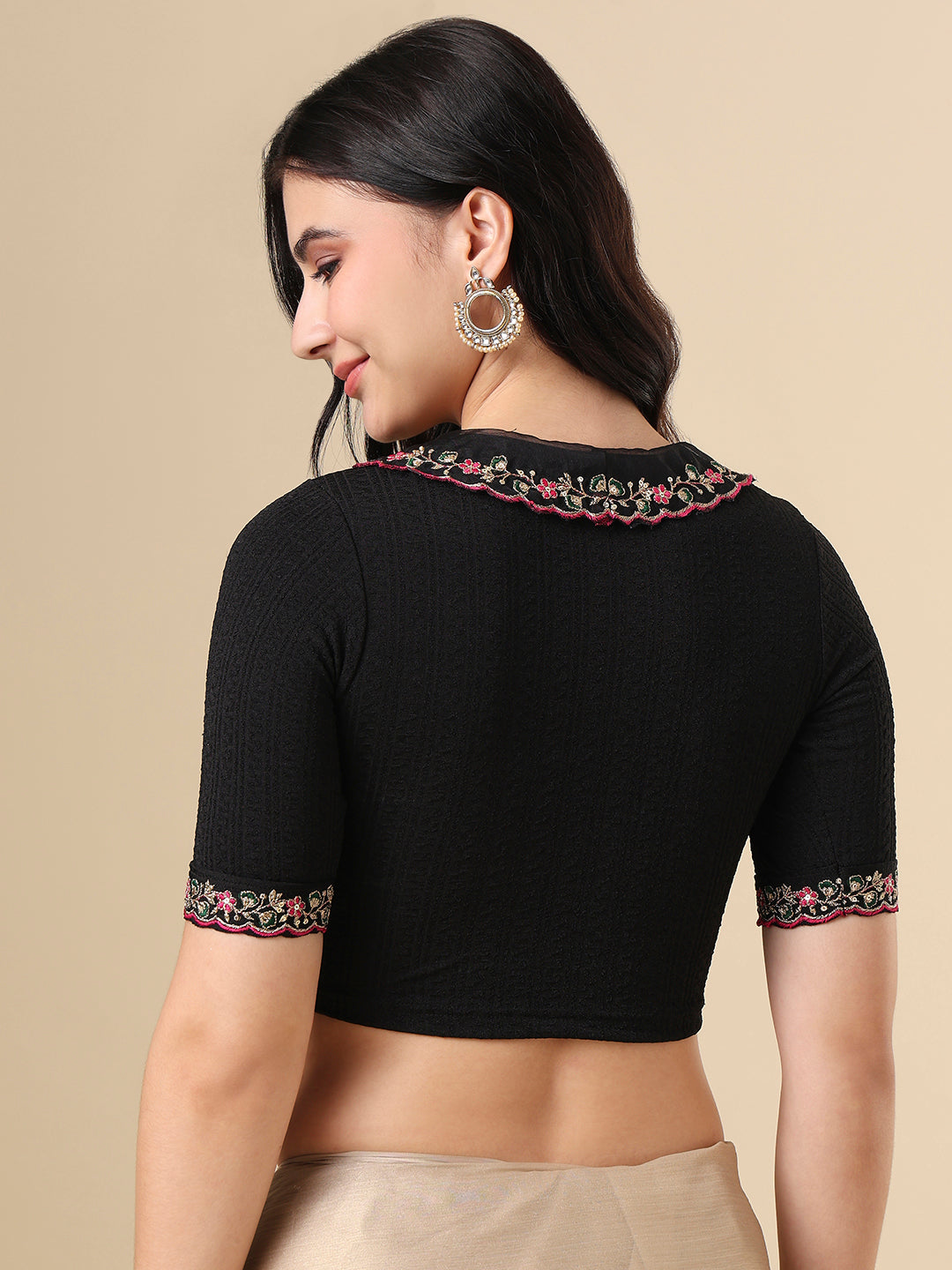 Black Lycra Peter Pan Collar Neck Readymade Blouse
