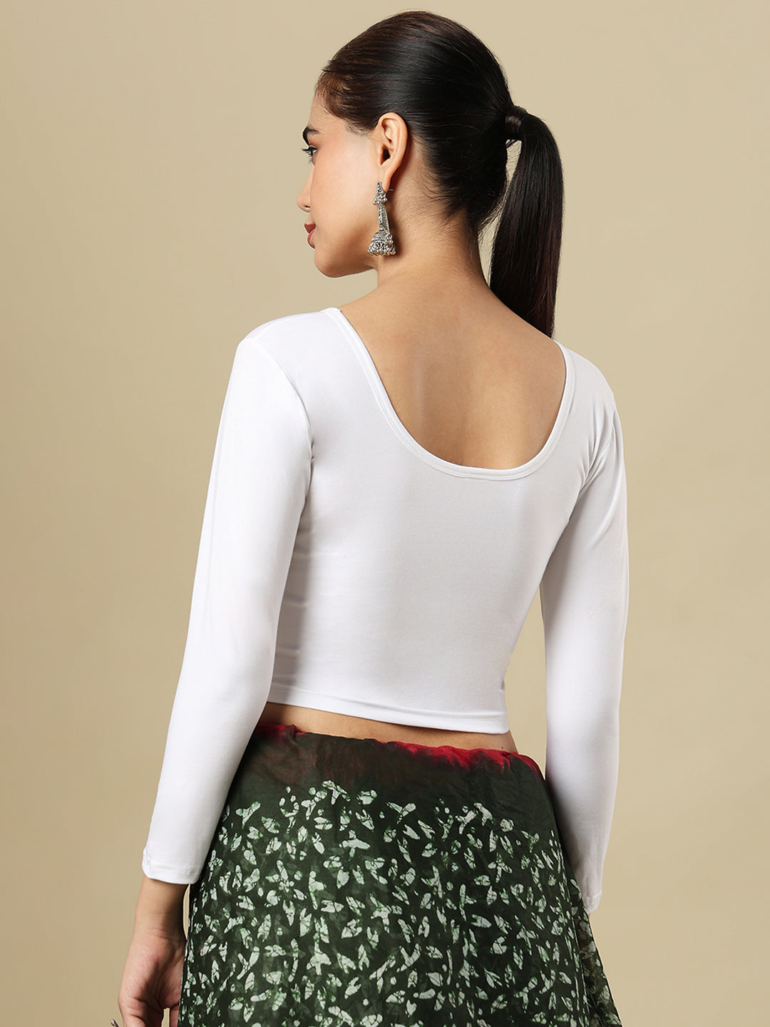 White Cotton Lycra Round Neck Stretchable Saree Blouse