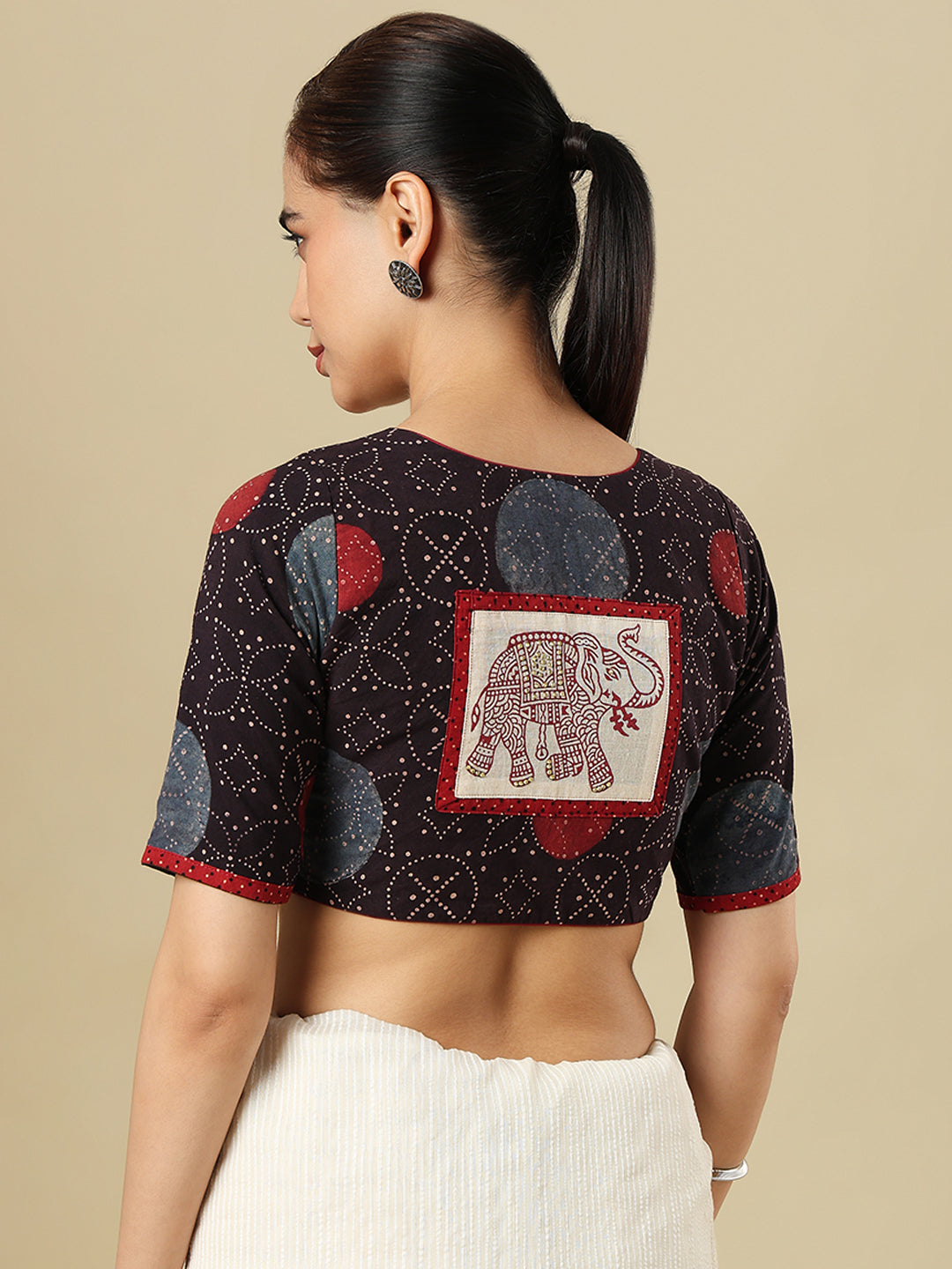 Ajrakh Block Printed Cotton Round Neck Non-Padded Saree Blouse