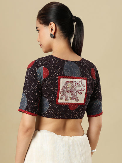 Ajrakh Block Printed Cotton Round Neck Non-Padded Saree Blouse