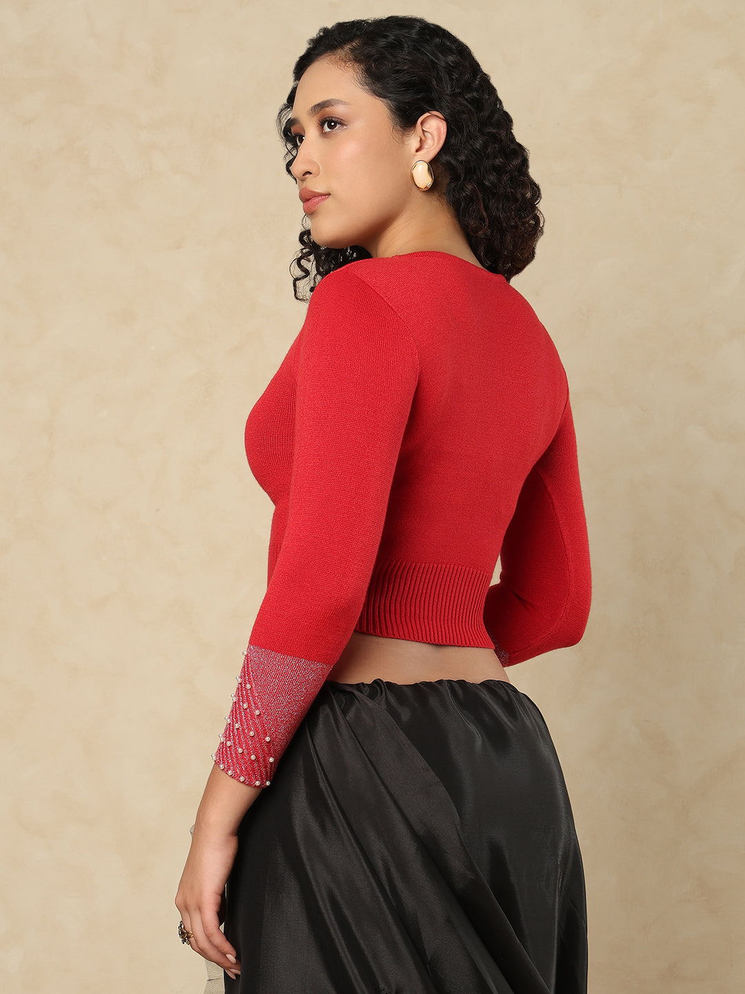 Red Woolen Round Neck Readymade Blouse