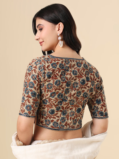 Beige Pure Cotton Ajrakh Hand Block Printed Readymade Blouse
