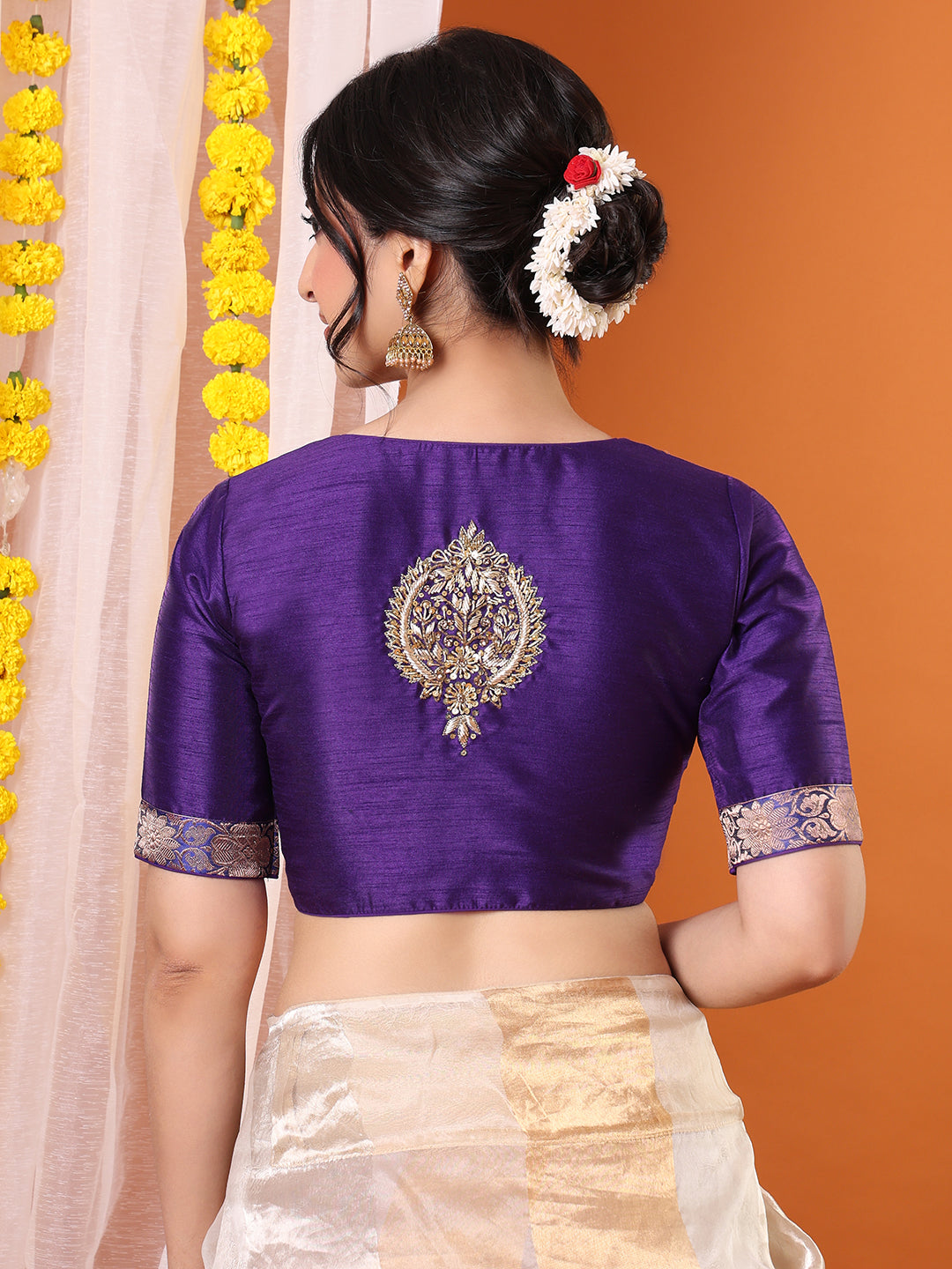 Purple Silk Embroidered Sweetheart Neck Padded Saree Blouse