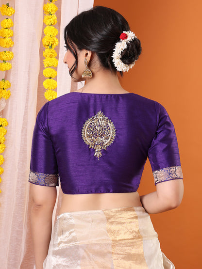 Purple Silk Embroidered Sweetheart Neck Padded Saree Blouse
