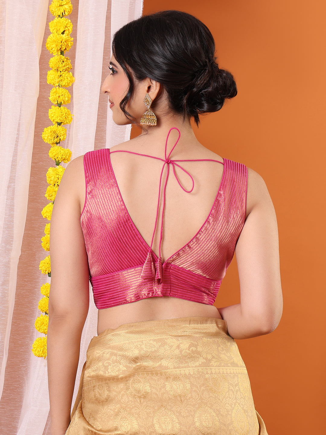 Pink Brocade Sleeveless Padded Saree Blouse