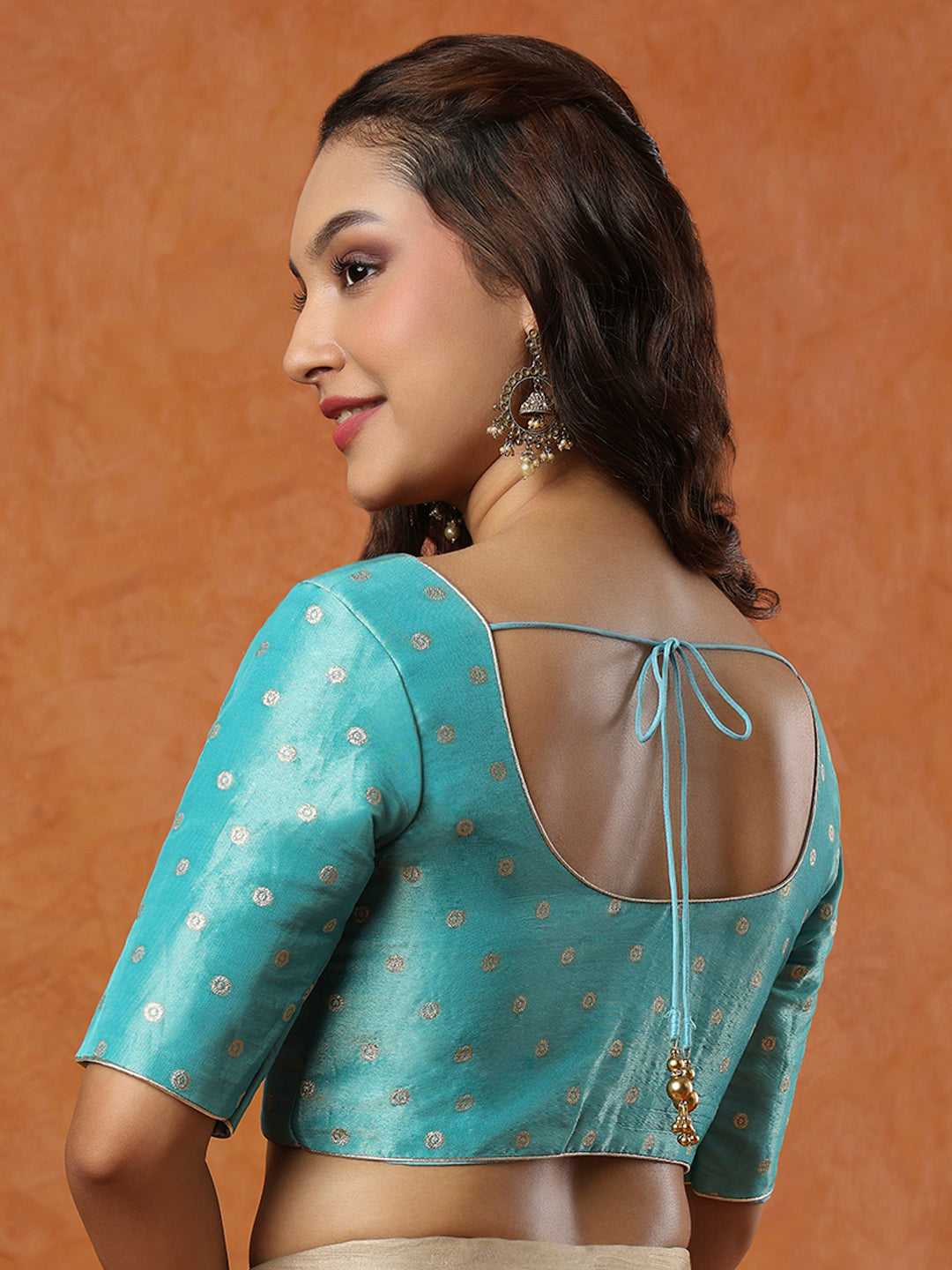 Light Blue Tissue Round Neck Readymade Blouse