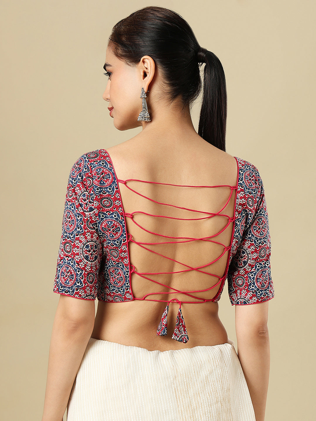 Cotton Ajrakh Printed Square Neck Padded Saree Blosus