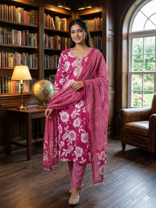 Pink Cotton Printed Unstitched Dress Material