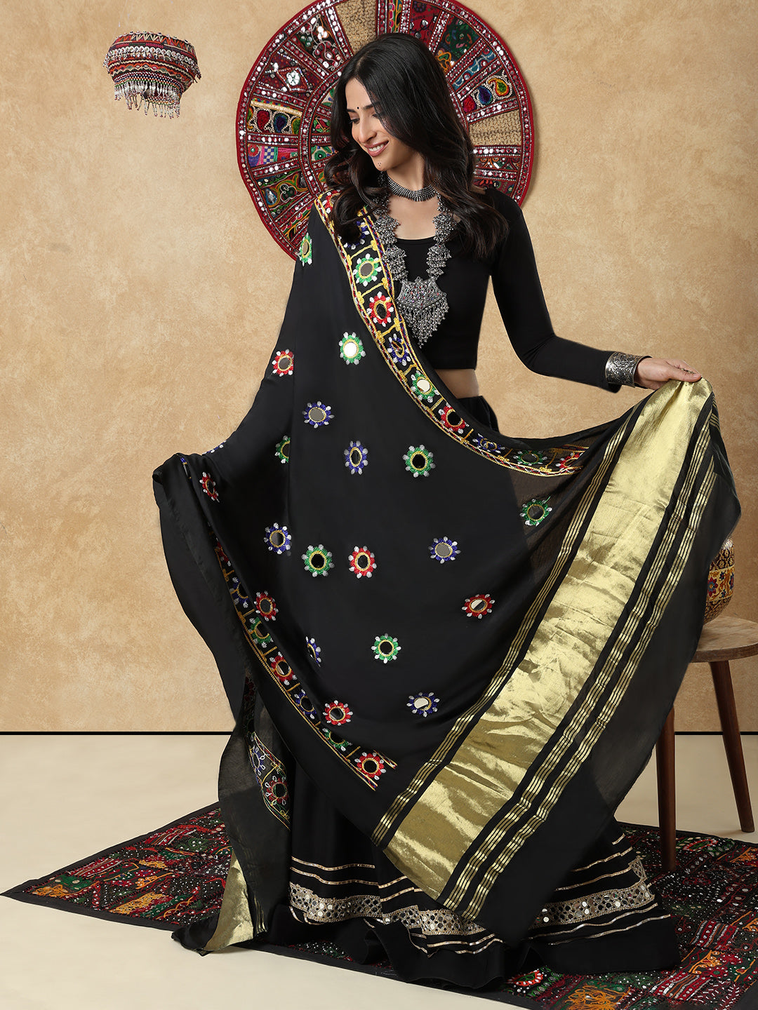 Black Silk Embroidered Mirror Work Festive Garba Dupatta For Navratri