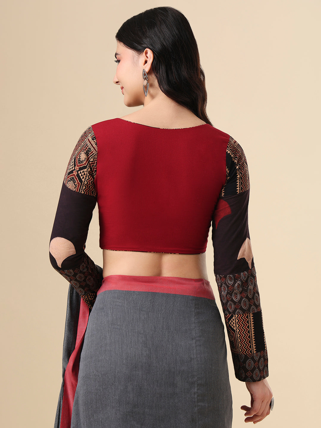 Maroon Pure Cotton Ajrakh Hand Block Printed Full Sleeves Readymade Blouse