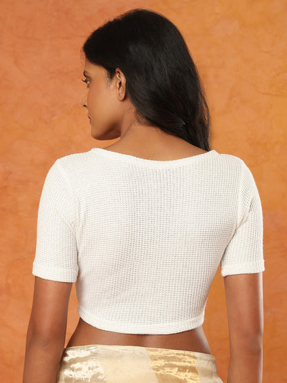 White Knitted Round Neck Stretchable Readymade Blouse