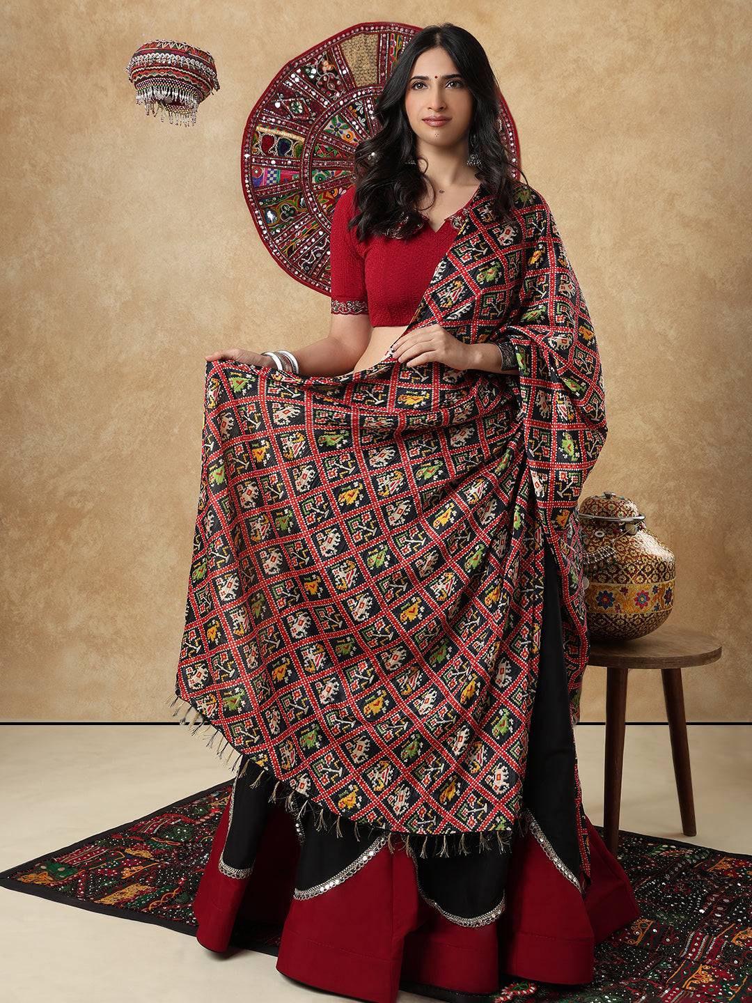 Black Silk Patola Printed Festive Garba Dupatta For Navratri