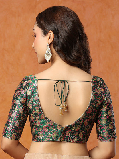 Green Brocade Sweetheart Neck Readymade Blouse