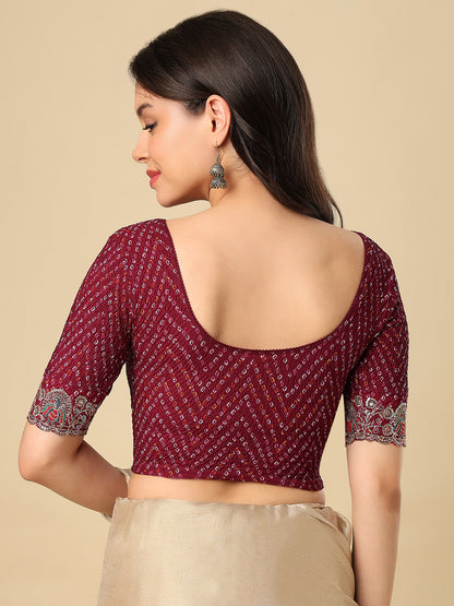 Wine Embroidered Non Padded Stretchable Garba Saree Blouse