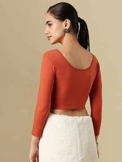 Rust Cotton Lycra Round Neck Stretchable Saree Blouse