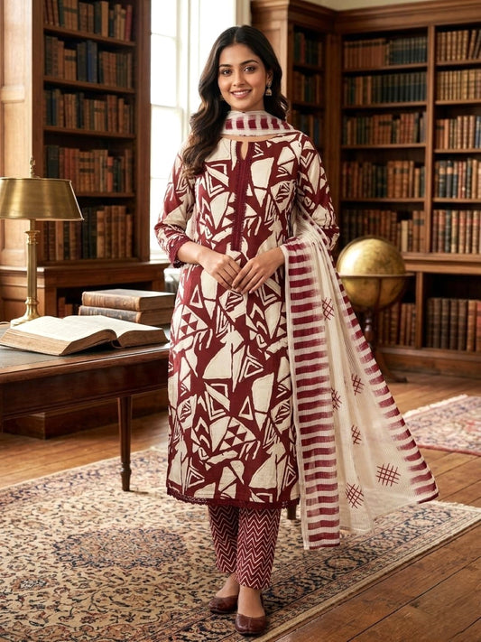 Maroon Cotton Printed Unstitched Dress Material