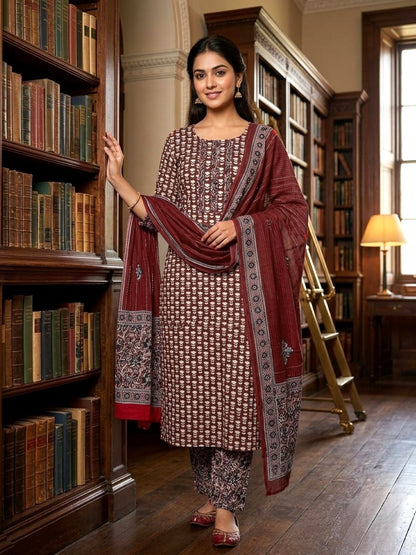 Maroon Cotton printed Unstitched Dress Material