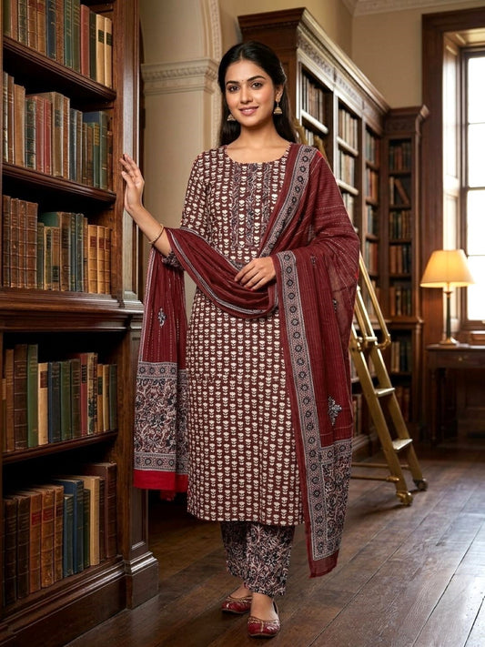 Maroon Cotton printed Unstitched Dress Material