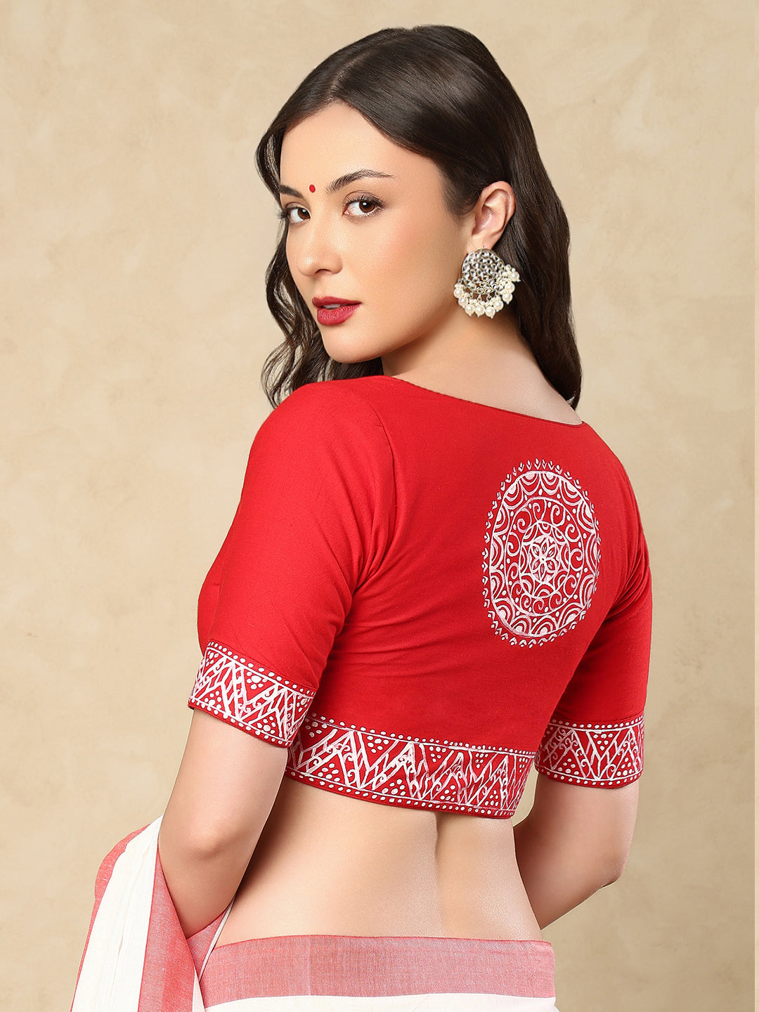 Red Cotton Sweetheart Neck Hand painted Readymade Blouse