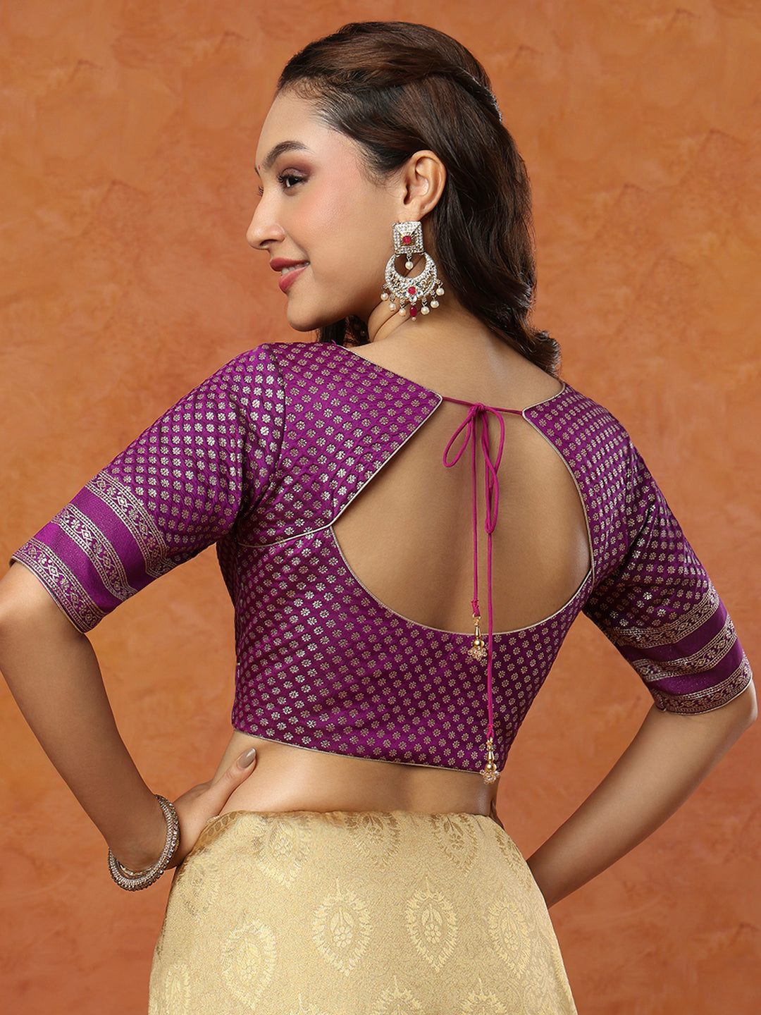 Purple Brocade Round Neck Readymade Blouse