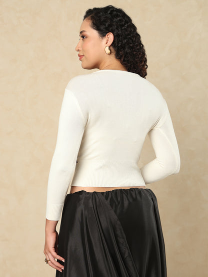 White Woolen Round Neck Readymade Blouse