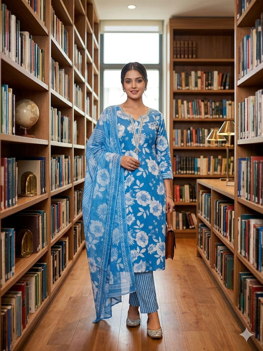 Sky Blue Cotton printed Unstitched Dress Material
