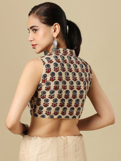 Beige Pure Cotton Ajrakh Block Printed Readymade Blouse