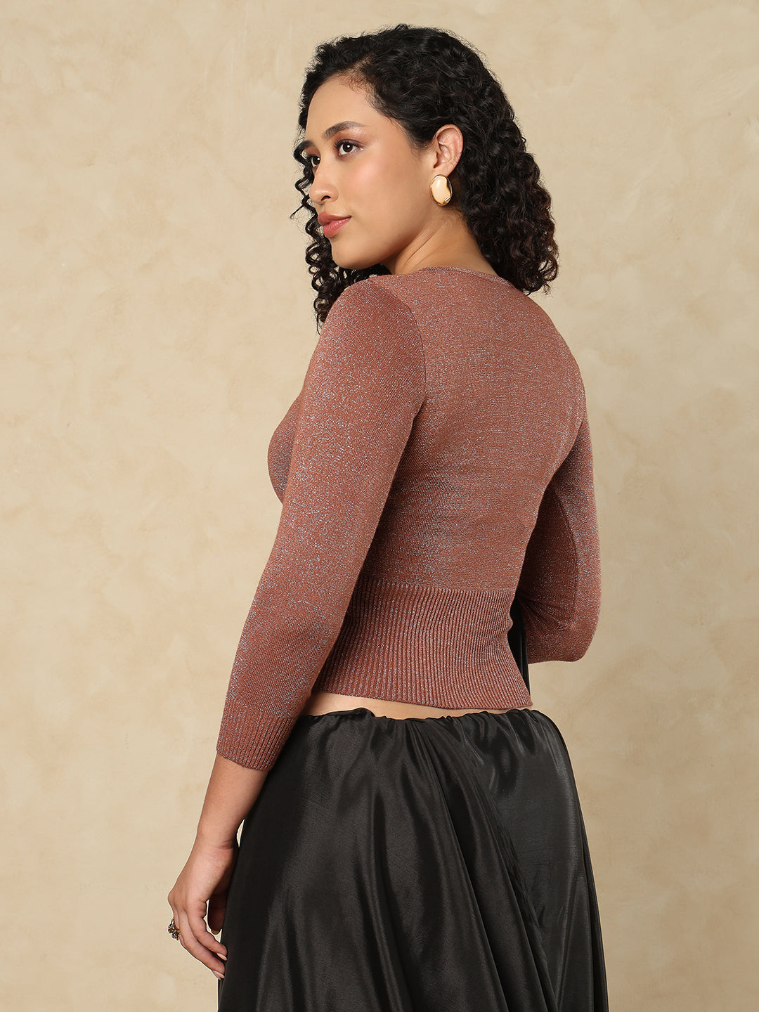 Brown Woolen Round Neck Full Sleeves Stretchable Readymade Blouse