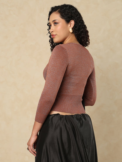 Brown Woolen Round Neck Full Sleeves Stretchable Readymade Blouse