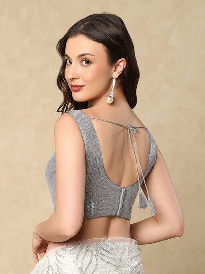 Grey Shimmer Sleeveless Readymade Blouse