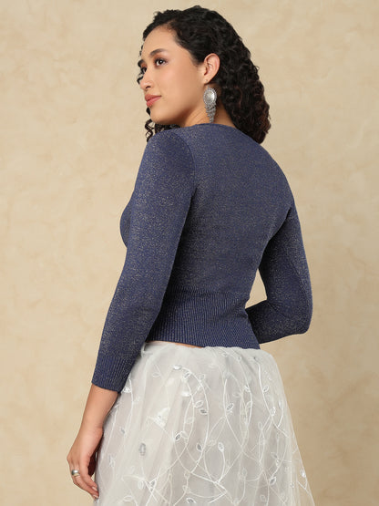 Navy Blue Woolen Round Neck Full Sleeves Stretchable Readymade Blouse