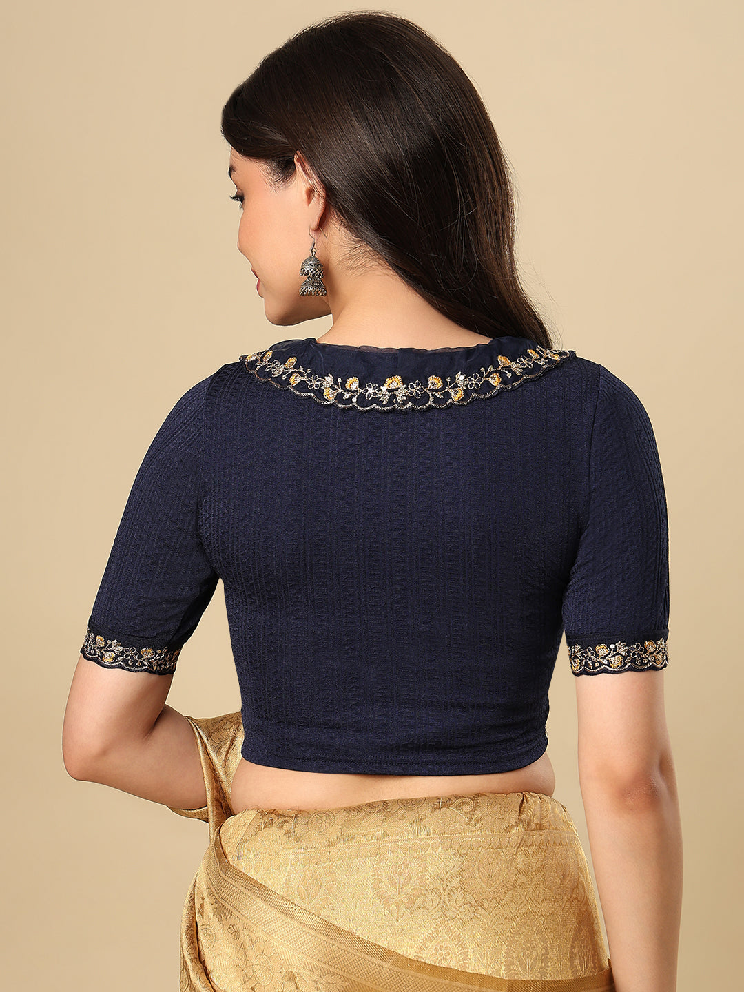 Navy Blue Embroidered Non Padded Stretchable Saree Blouse