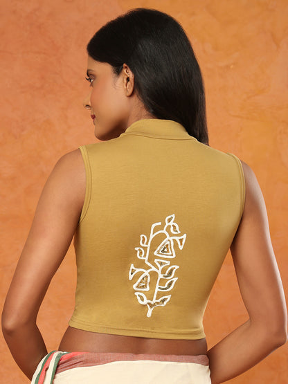 Beige Cotton Hand Block Printed Stretchable Sleeveless Blouse