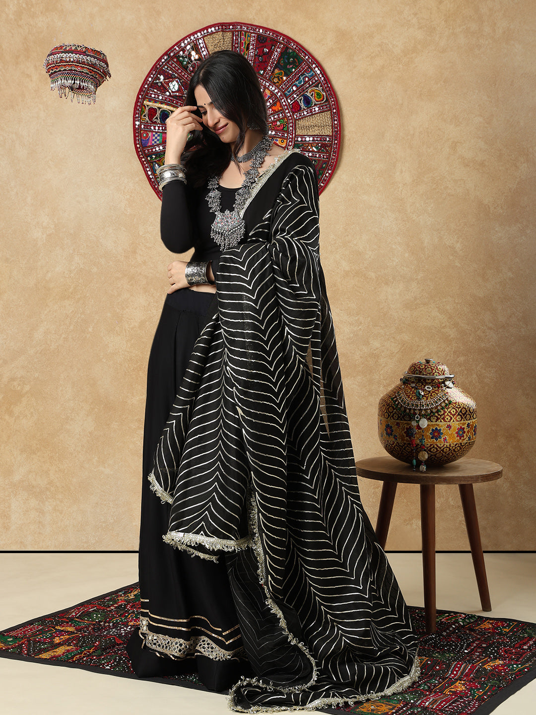 Black Silk Festive Garba Dupatta For Navratri