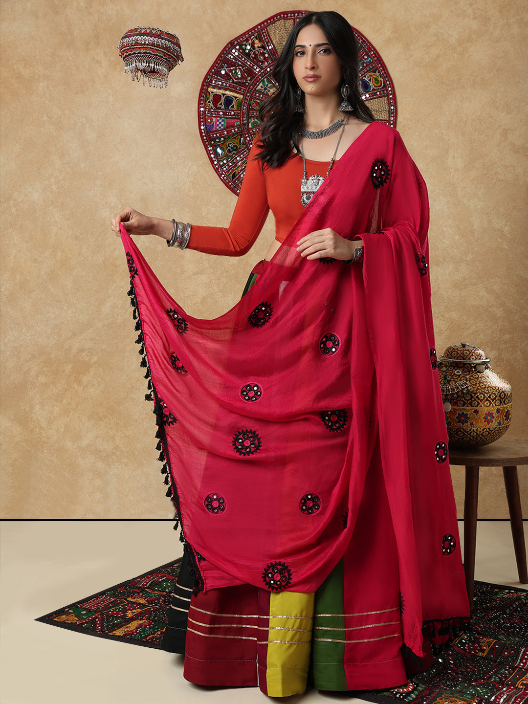 Pink Silk Embroidered Mirror Work Festive Garba Dupatta For Navratri
