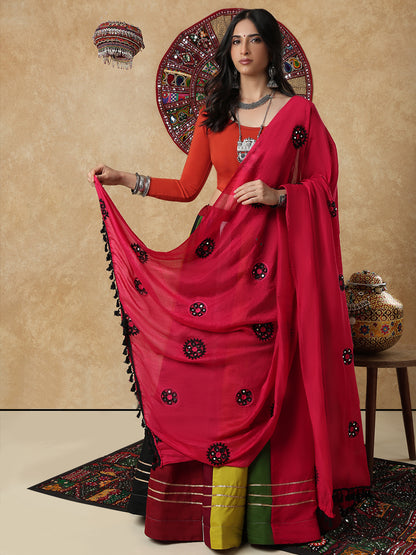 Pink Silk Embroidered Mirror Work Festive Garba Dupatta For Navratri