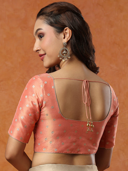 Peach Tissue Round Neck Readymade Blouse