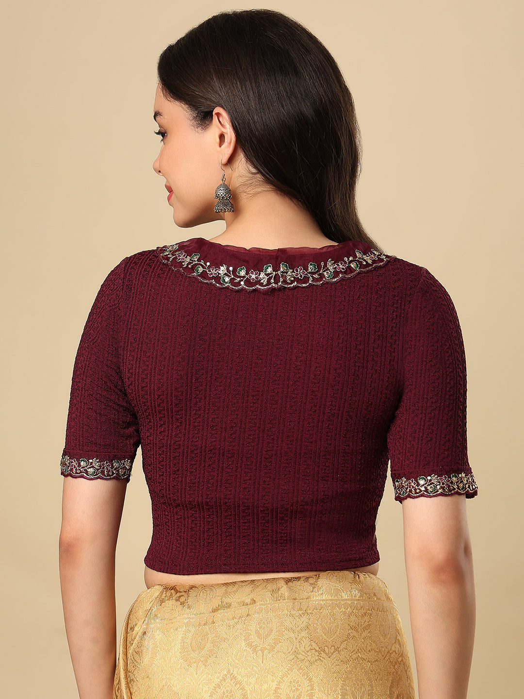 Wine Embroidered Non Padded Stretchable Saree Blouse