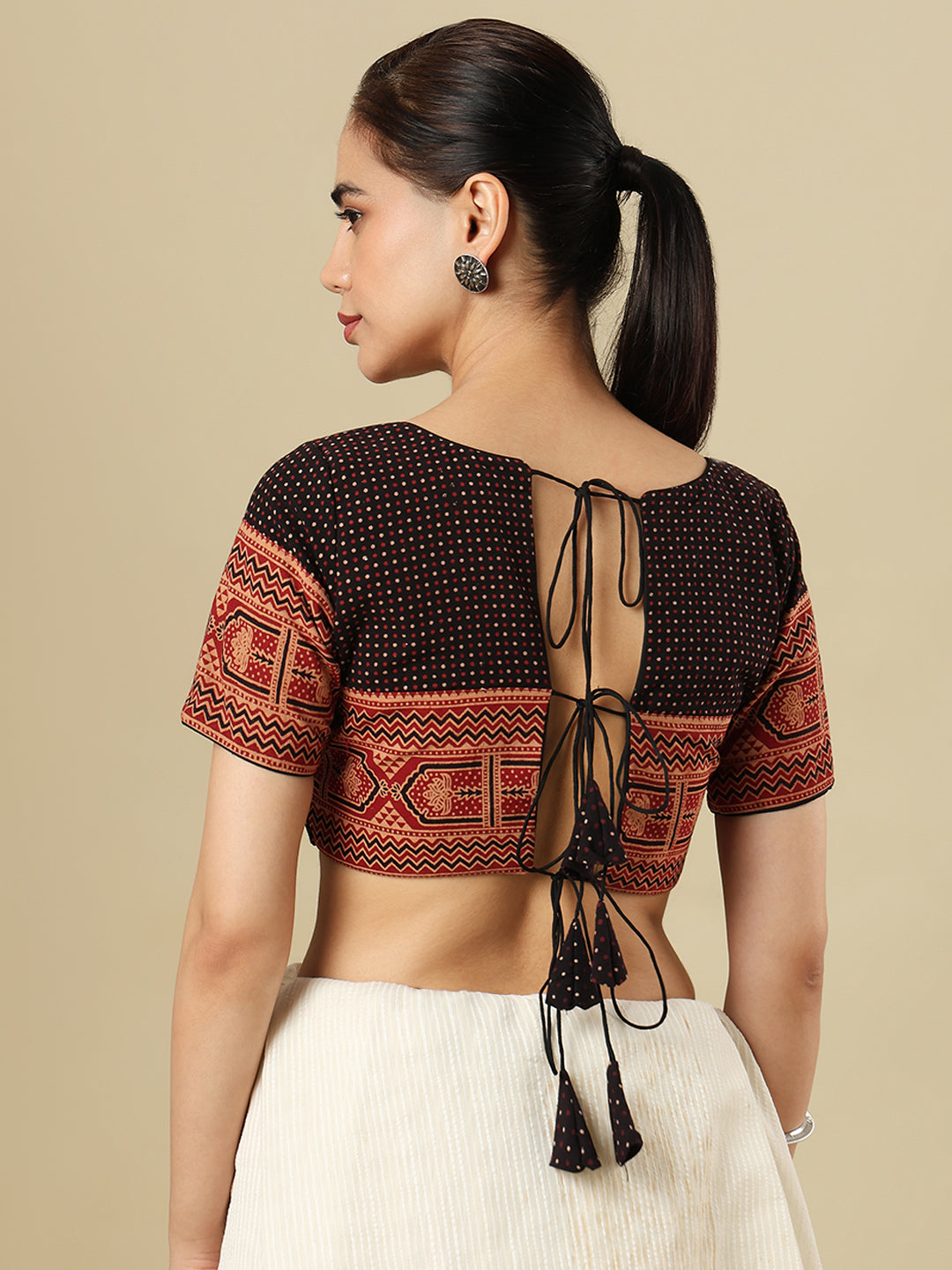 Black Ajrakh Printed Pure Cotton Saree Blouse