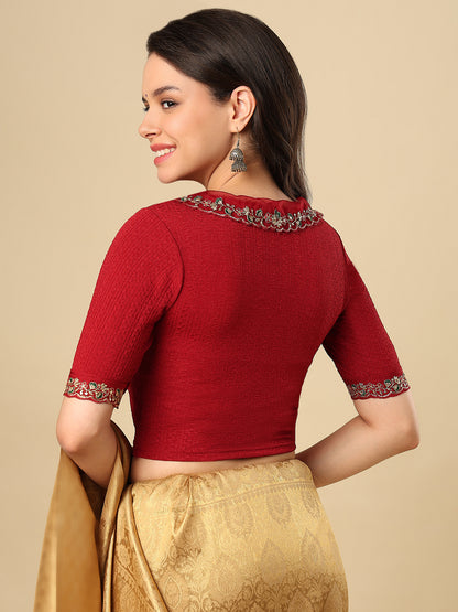 Maroon Embroidered Non Padded Stretchable Saree Blouse