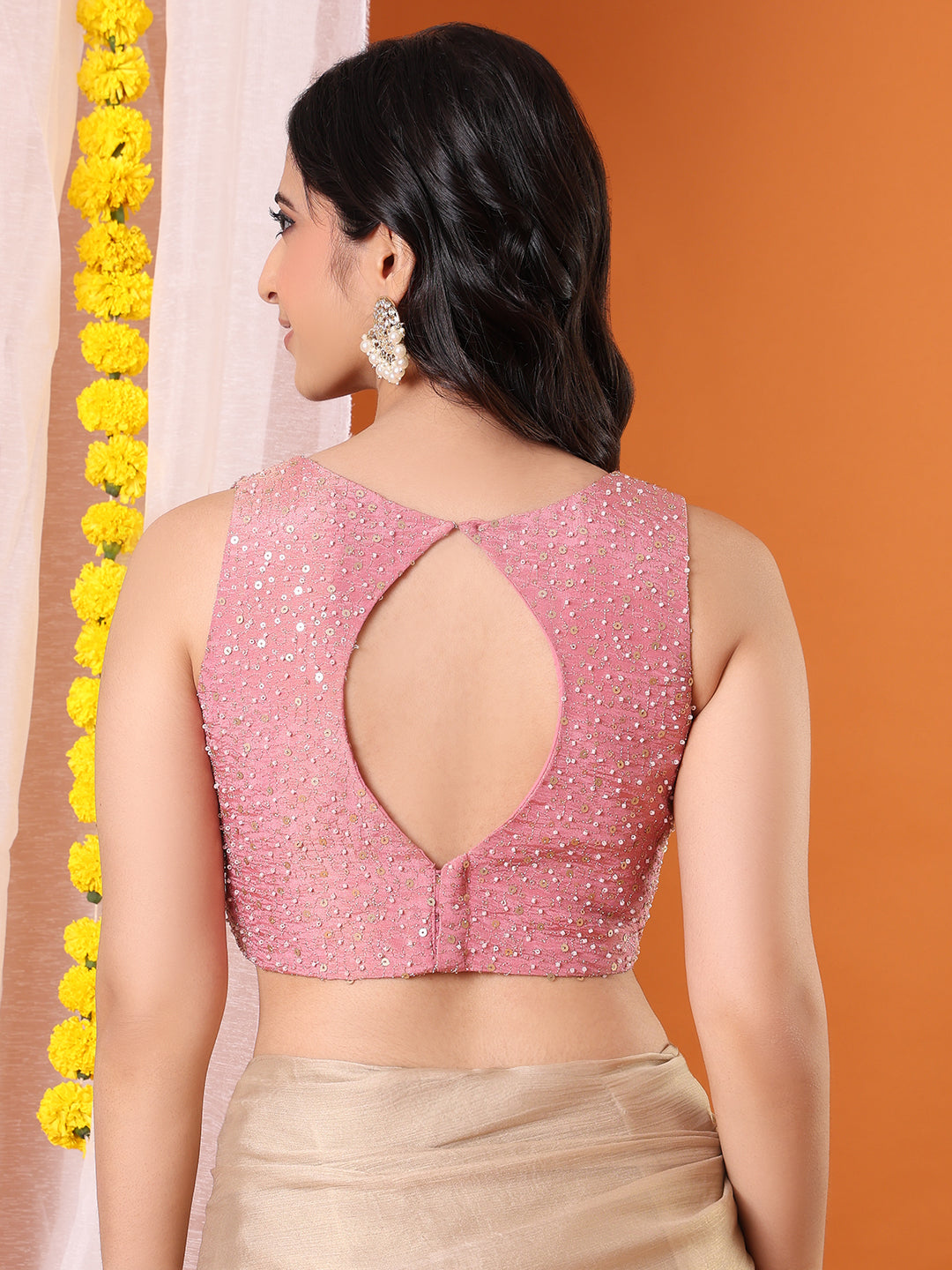 Pink Georgette Embellished Sweetheart Neck Padded Saree Blouse