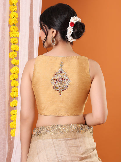 Beige Silk Embroidered Sweetheart Neck Padded Saree Blouse